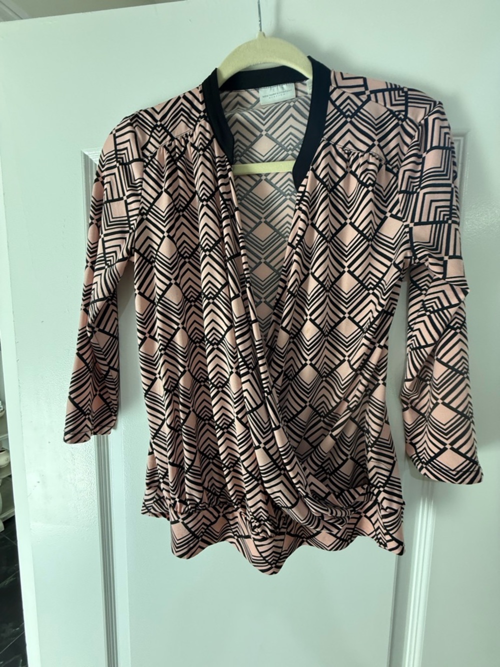 New York & Company Pink and Black Geometric Wrap Blouse